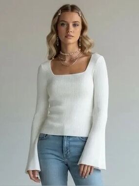 Hollister Square Neck Ribbed Bell Sleeve Babydoll Y2K Knit Top Sweater XS Cream